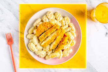1–2–3 Kidsrecept: Vegetarische kipschnitzel met gnocchi in romige saus (2 porties)