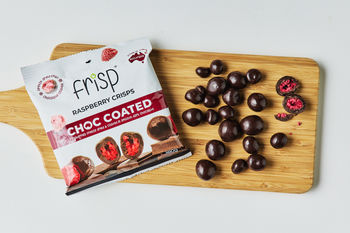 Frisp Choc-Coated Raspberry Crisps, 100g