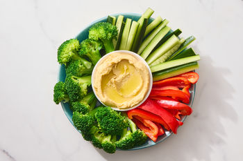 Snack Plate |  Hummus with Cucumber, Red Peppers, & Broccoli, 2 portions