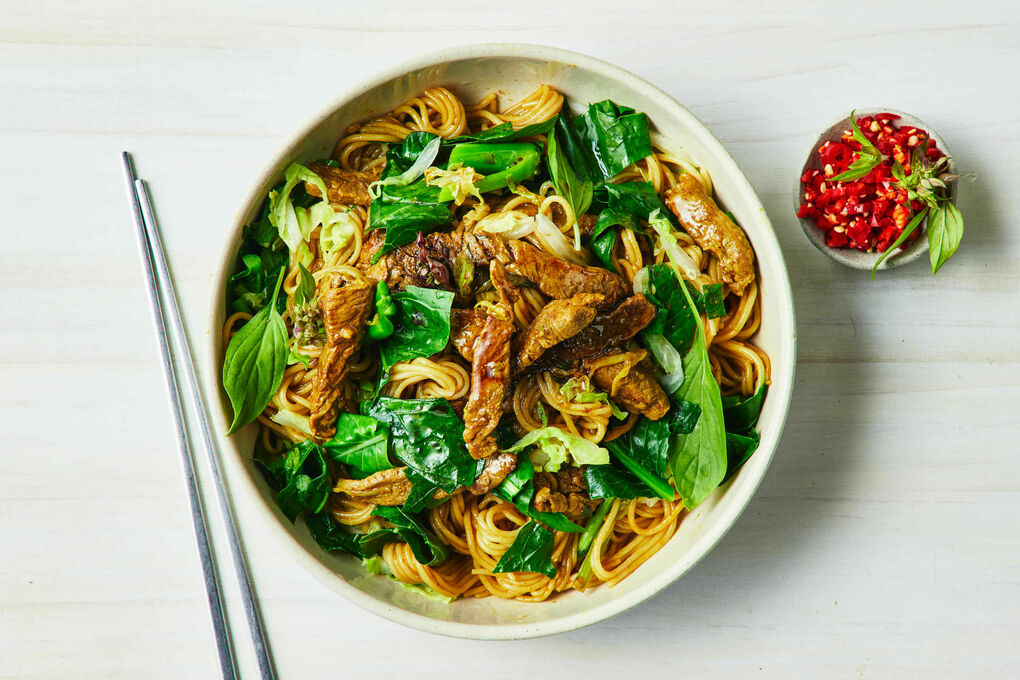 Low Cal Fast Beef Noodles with Greens Thai Basil Mild Curry