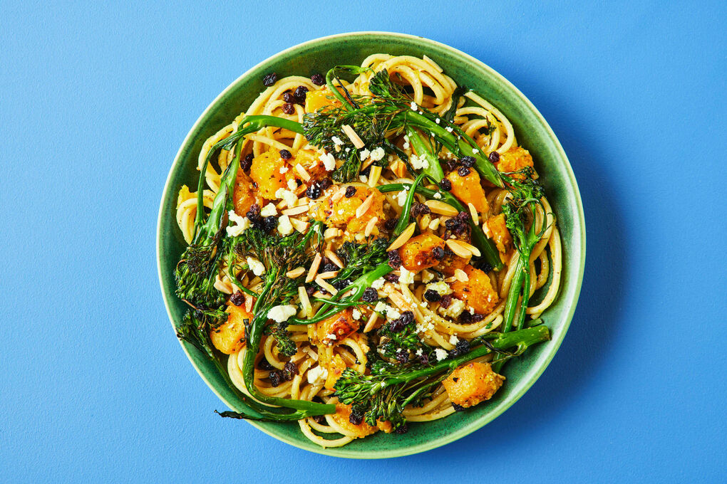 Roast Pumpkin and Feta Pasta with Charred Broccolini and Almonds | Dinnerly