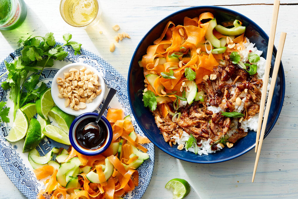 20 Min Hoisin Glazed Pulled Pork Rice Bowl with Peanuts Carrots Marinated Cucumbers
