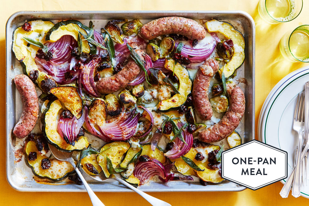 Sausages and Acorn Squash with Brussels Sprouts, Asiago & Onion