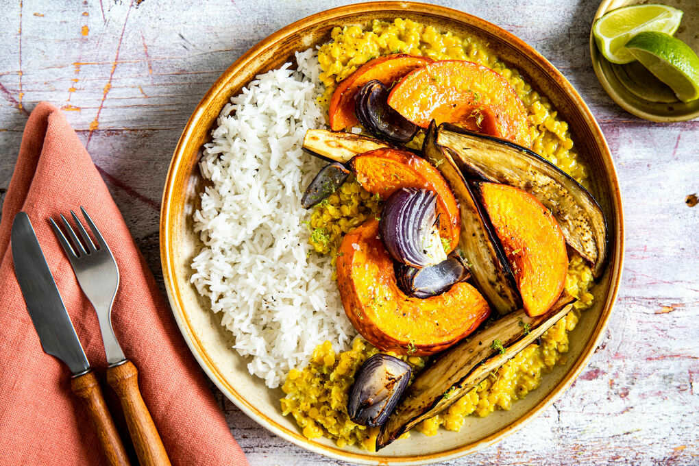 Kokos-Linsendal mit Curry und Limette dazu Auberginen-Kürbis-Gemüse und  Reis