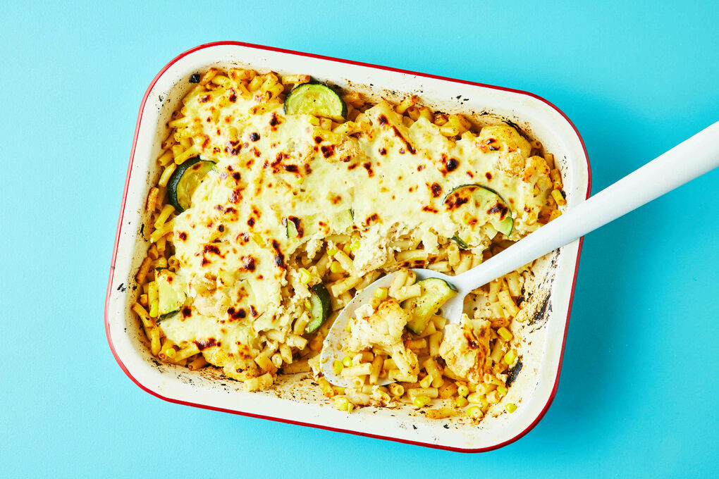 Roast Cauliflower Pasta Bake with Sweetcorn and Parmesan Yoghurt Topping |  Dinnerly