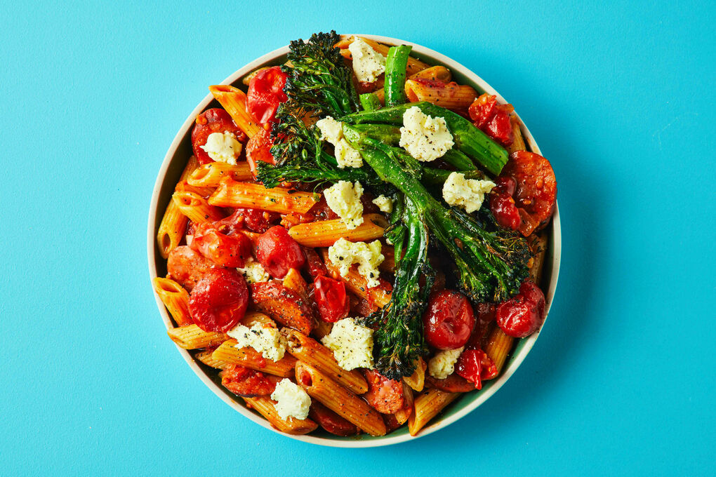 Fan Fave: Chorizo and Tomato Pasta with Feta and Roasted Broccolini |  Dinnerly