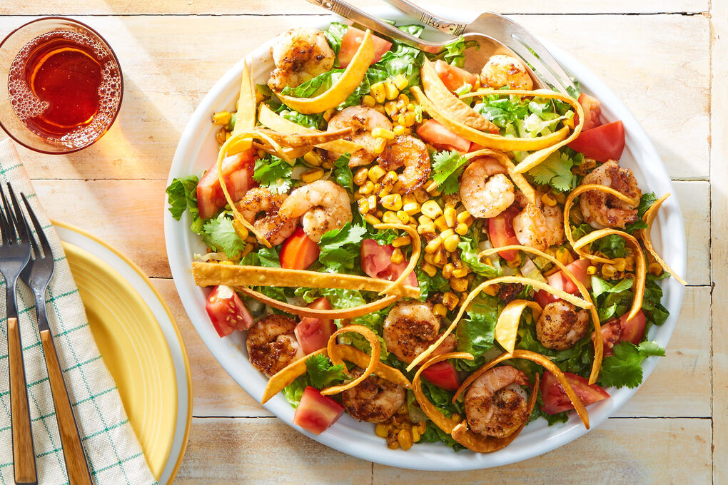 Cajun Shrimp Salad with Charred Corn & Crispy Tortilla Strips
