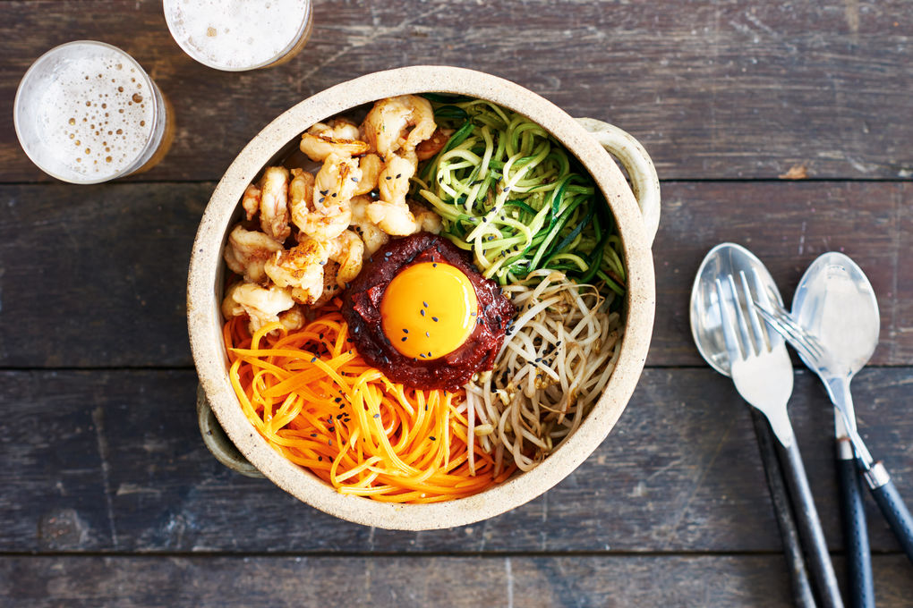 prawn bibimbap Korean rice bowl 20 minutes vegetables gochujang fried egg