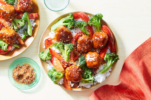 Yakiniku-Glazed Pork Meatballs with Roasted Veggies & Jasmine Rice