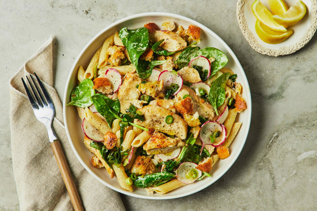 Easy Spring Chicken Pasta Salad with Crispy Croutons and Pesto Dressing |  Marley Spoon