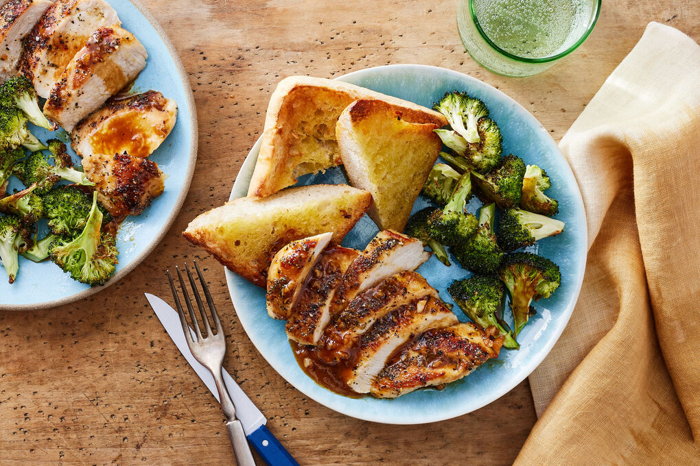 Hot Honey-Dijon Chicken with Roasted Broccoli & Garlic Bread