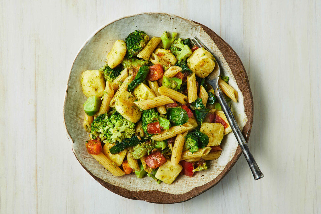 Easy Haloumi and Pesto Pasta with Broccoli Tomato Spinach