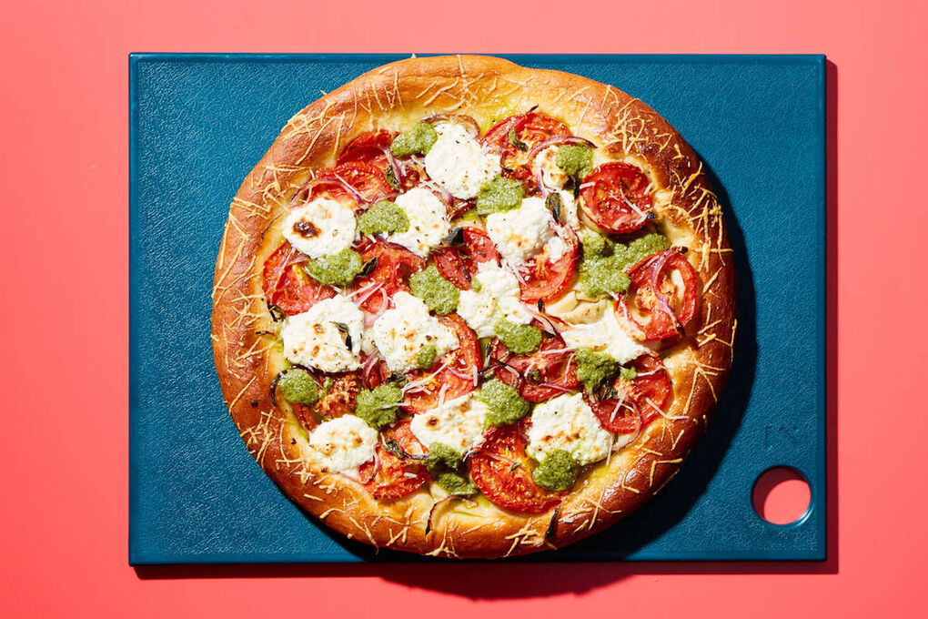 Tomato Ricotta Pizza with Basil Pesto Fresh Oregano