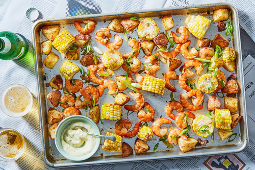 Sheet Pan Shrimp Boil With Potatoes Corn And Mayo Marley Spoon