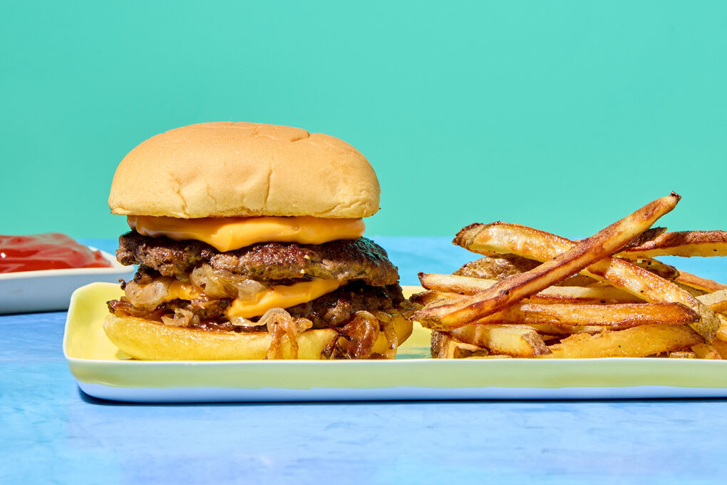 Oklahoma-Style Smash Burger with Cheese Sauce & Fries