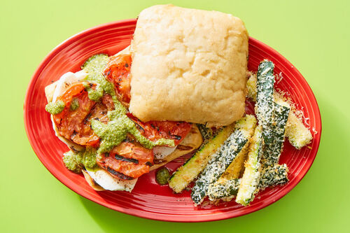 Caprese Ciabatta with Grilled Tomato & Zucchini Fries | Dinnerly