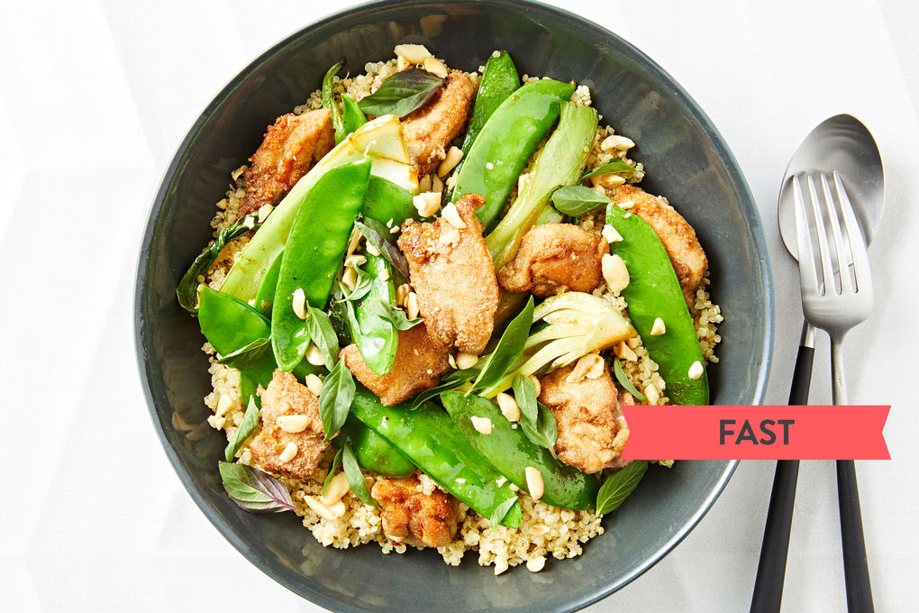 Lemongrass Chicken and Snow with Quinoa Peanuts and Thai Basil