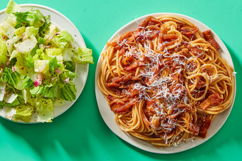 Smoky Bacon & Tomato Spaghetti with Parmesan-Romaine Salad | Dinnerly