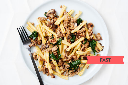 Speedy Pork Casarecce Pasta with Mushrooms and Spinach | Marley Spoon