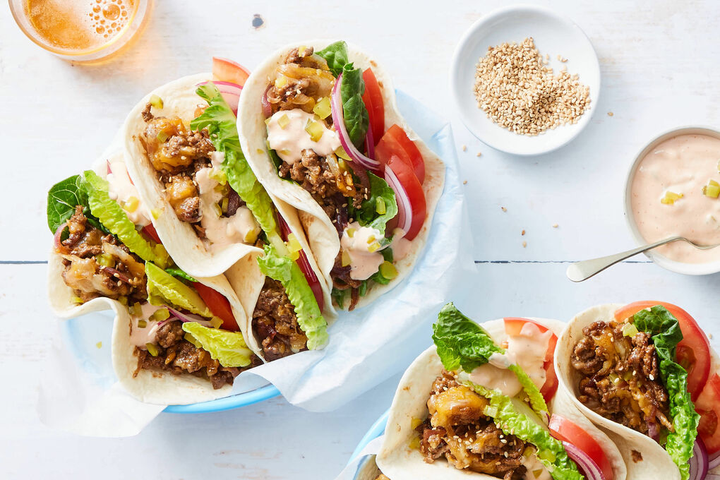 Fast! Deluxe Plant-Based Cheeseburger Tacos with Special Sauce & Pickles