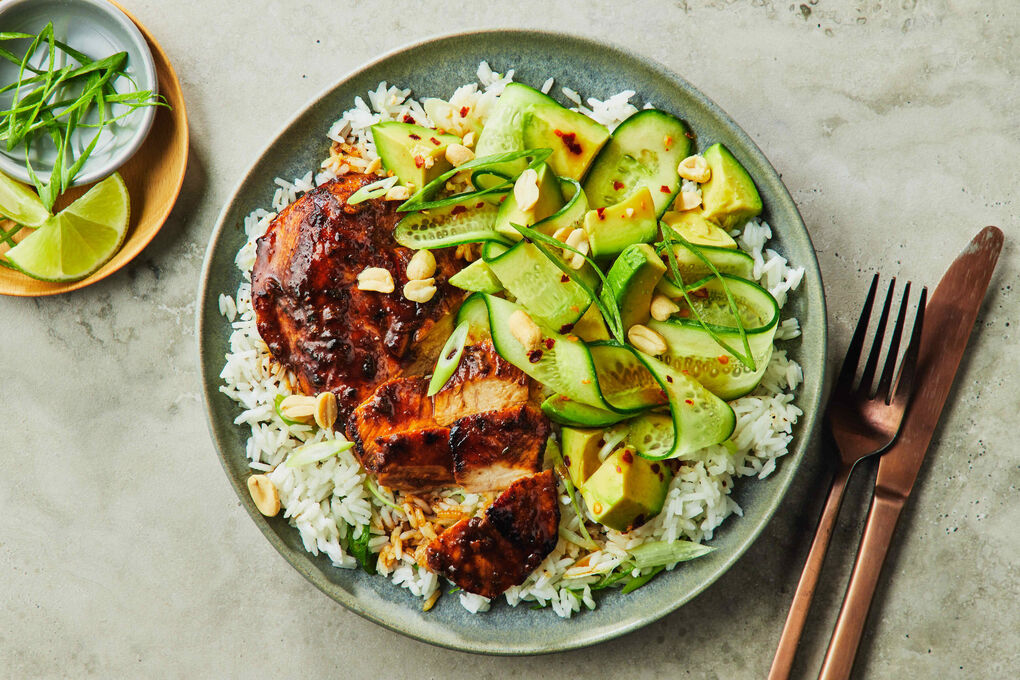 Vietnamese-Style Chicken and White Rice with Cucumber-Avocado Salad