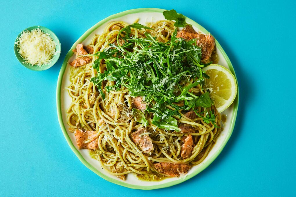 Speedy Smoked Salmon Pasta with Basil Pesto Lemon and Rocket