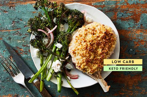 Pine Nut-Crusted Pork Chop with Roasted Broccolini & Goat Cheese
