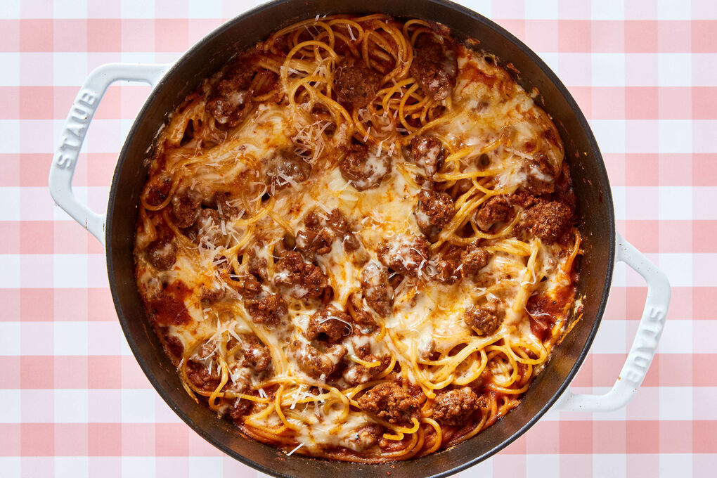 No Chop Cheesy Baked Spaghetti with Chicken Sausage