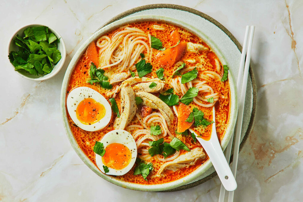 Easy Fragrant Chicken Laksa with Vermicelli, Coriander and Chilli