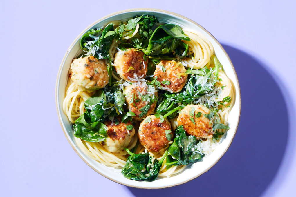 Scampi Style Chicken Meatballs with Spaghetti Spinach