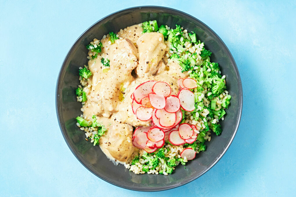 Balanced Coconut Satay Chicken with Broccoli Rice and Pickled