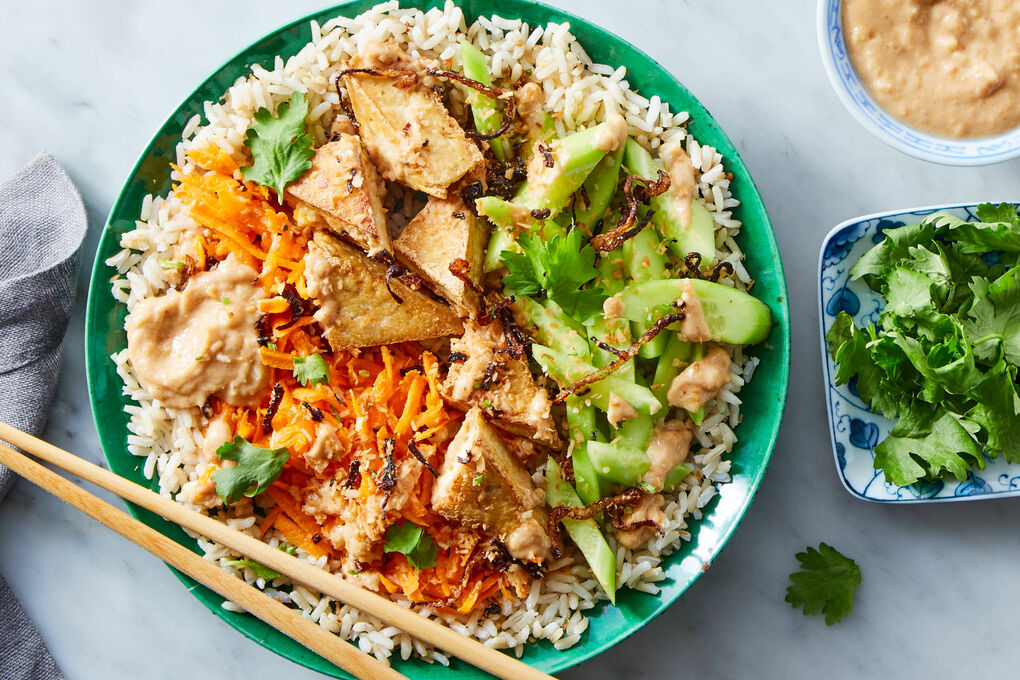 Coconut Chicken Buddha Bowl with Peanut Dressing & Fried Shallots