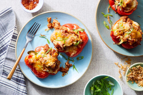 BBQ Pork Grits Stuffed Peppers with Corn Crispy Onions