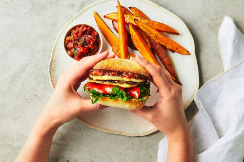 Haloumi and Charred Capsicum Burgers
