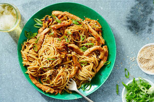 Fast! Chicken Yakisoba with Shredded Veggies & Fresh Ginger