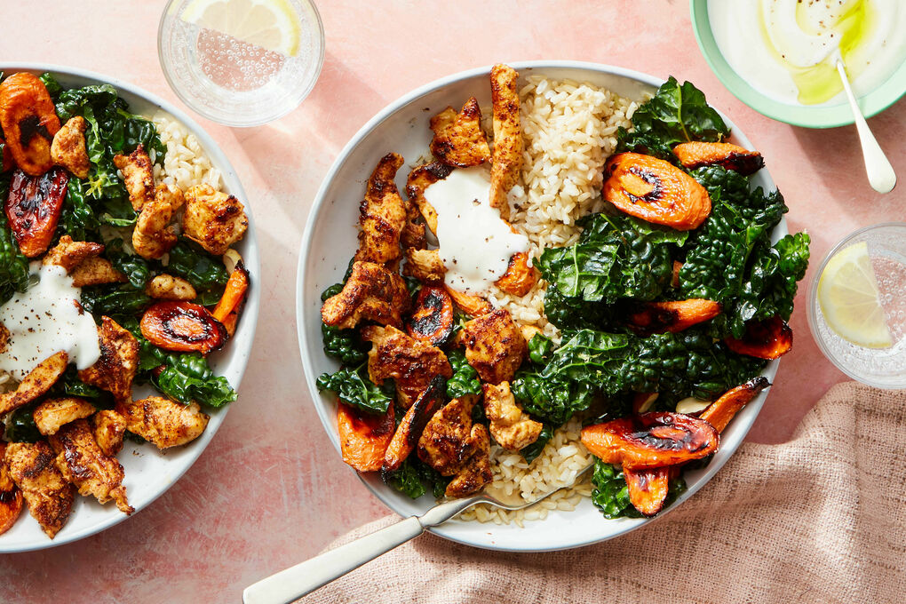 Salmon Bowl with Brown Rice & Kale Honey Roasted Carrots & Lemon-Yogurt  Dressing
