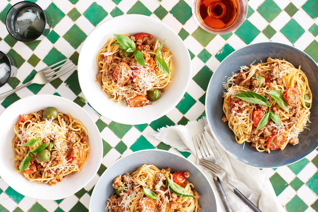 Summer Spaghetti Bolognese with Olives and Basil