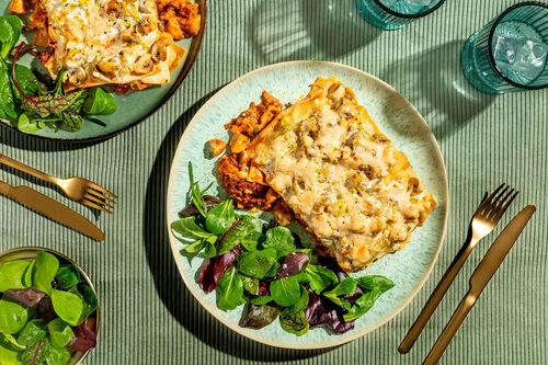 Überbackene Hackfleisch-Pilz-Lasagne