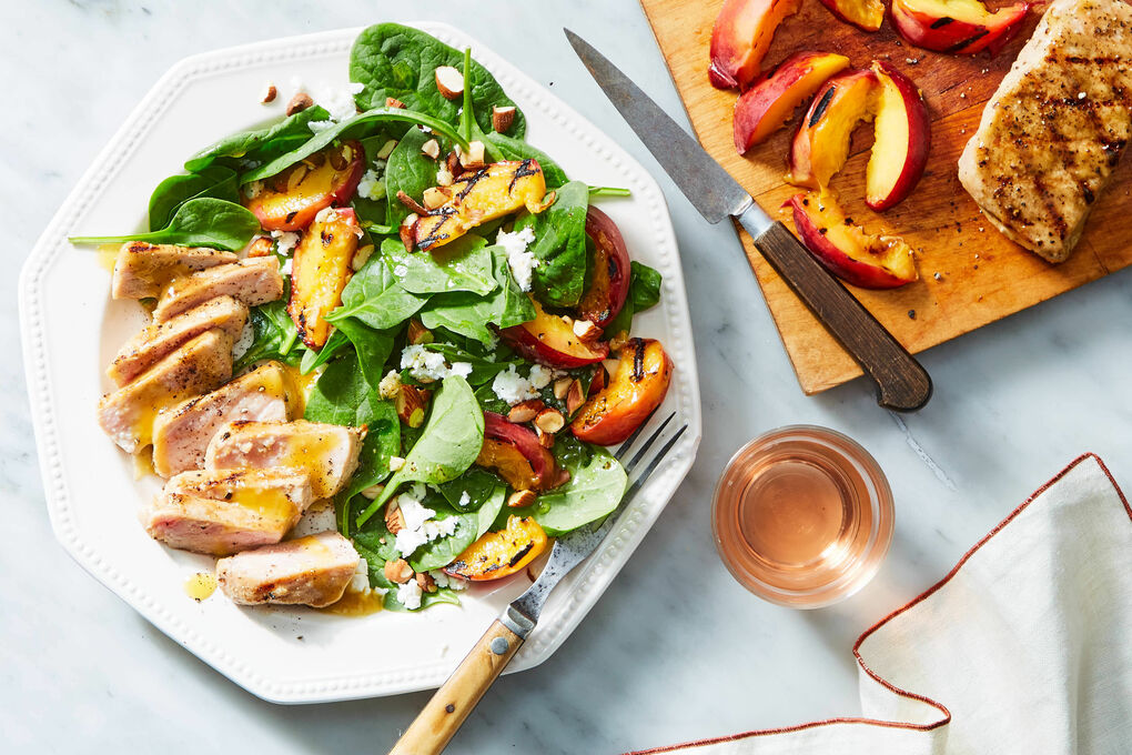 Dijon-Glazed Pork Chops with Grilled Peaches, Feta & Spinach