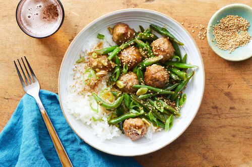 Honey-Sriracha Meatballs with Green Beans