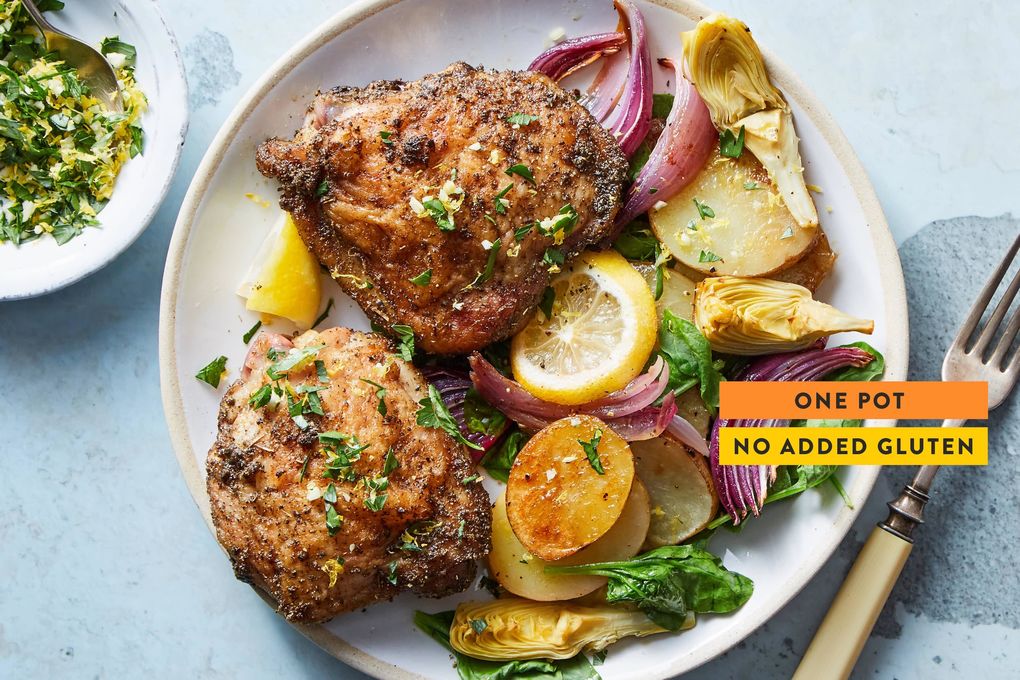 Lemon-Roasted Potatoes, Chicken and Spinach with Tzatziki