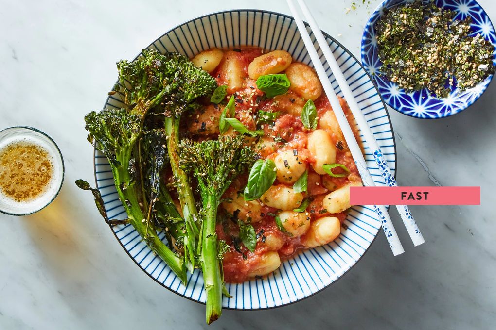 Miso-Tomato Skillet Gnocchi with Furikake-Butter Broccolini