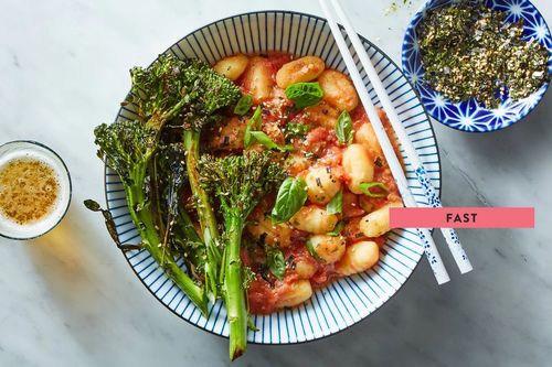 Miso-Tomato Skillet Gnocchi with Furikake-Butter Broccolini