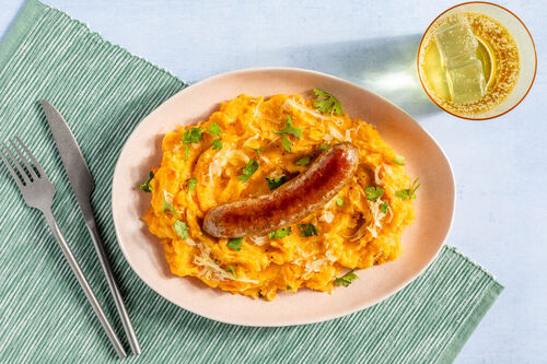 Rinderbratwurst auf Chili-Kartoffelstampf