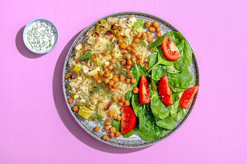 Kartoffel-Lauch-Puffer mit Spinatsalat