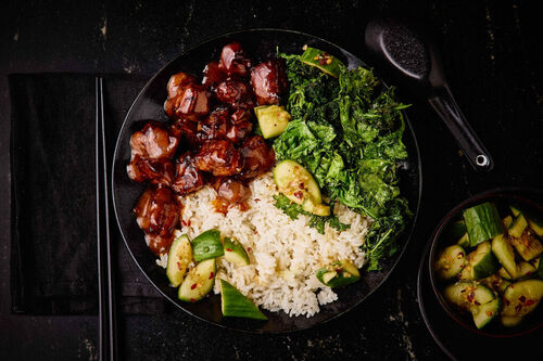 Sriracha Pork Belly Bites and Ginger Rice