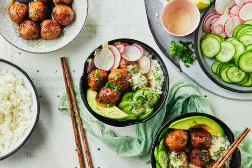 Pork Meatball Rice Bowls with Lime Aioli