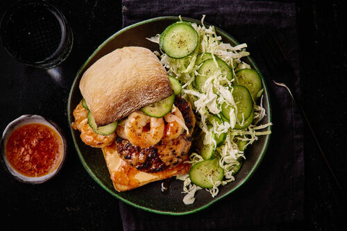 Pork and Prawn Sriracha Butter Burgers