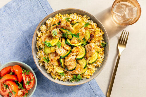 Mujaddara met vegan kip en courgette