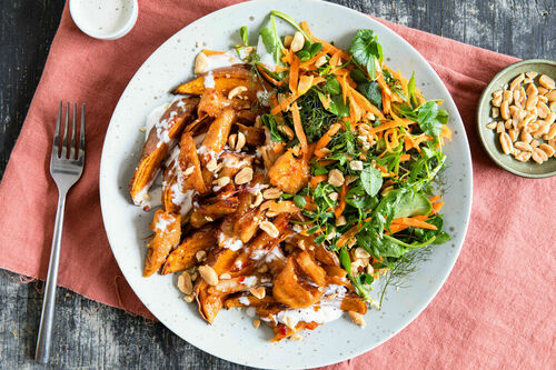 Veganes „Hähnchen“ mit Süßkartoffeln